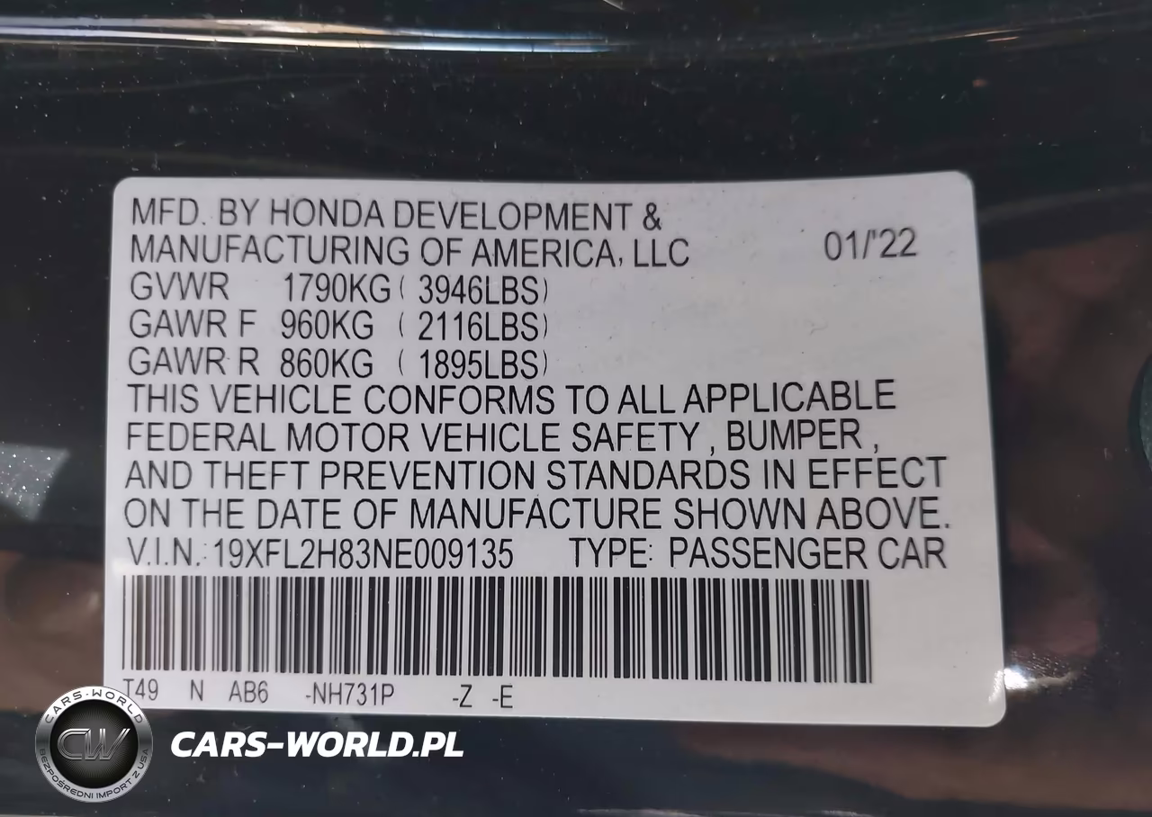2022 Honda Civic Sport VIN:19XFL2H83NE009135 - 9