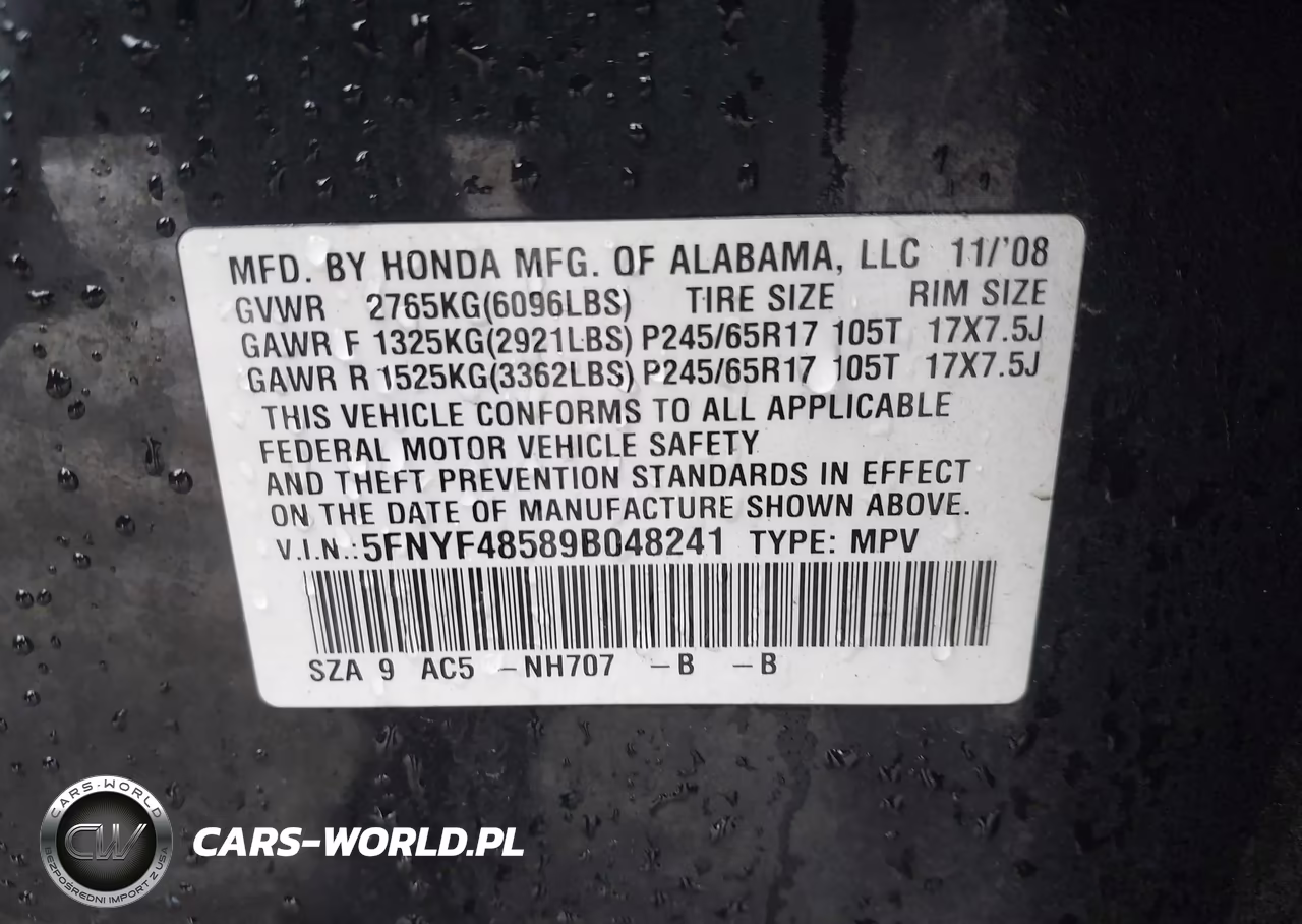 2009 Honda Pilot Ex-L VIN:5FNYF48589B048241 - 9