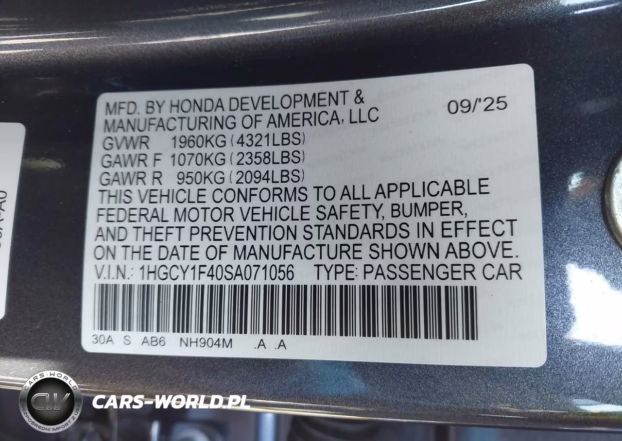 2025 Honda Accord Se VIN:1HGCY1F40SA071056 - 9