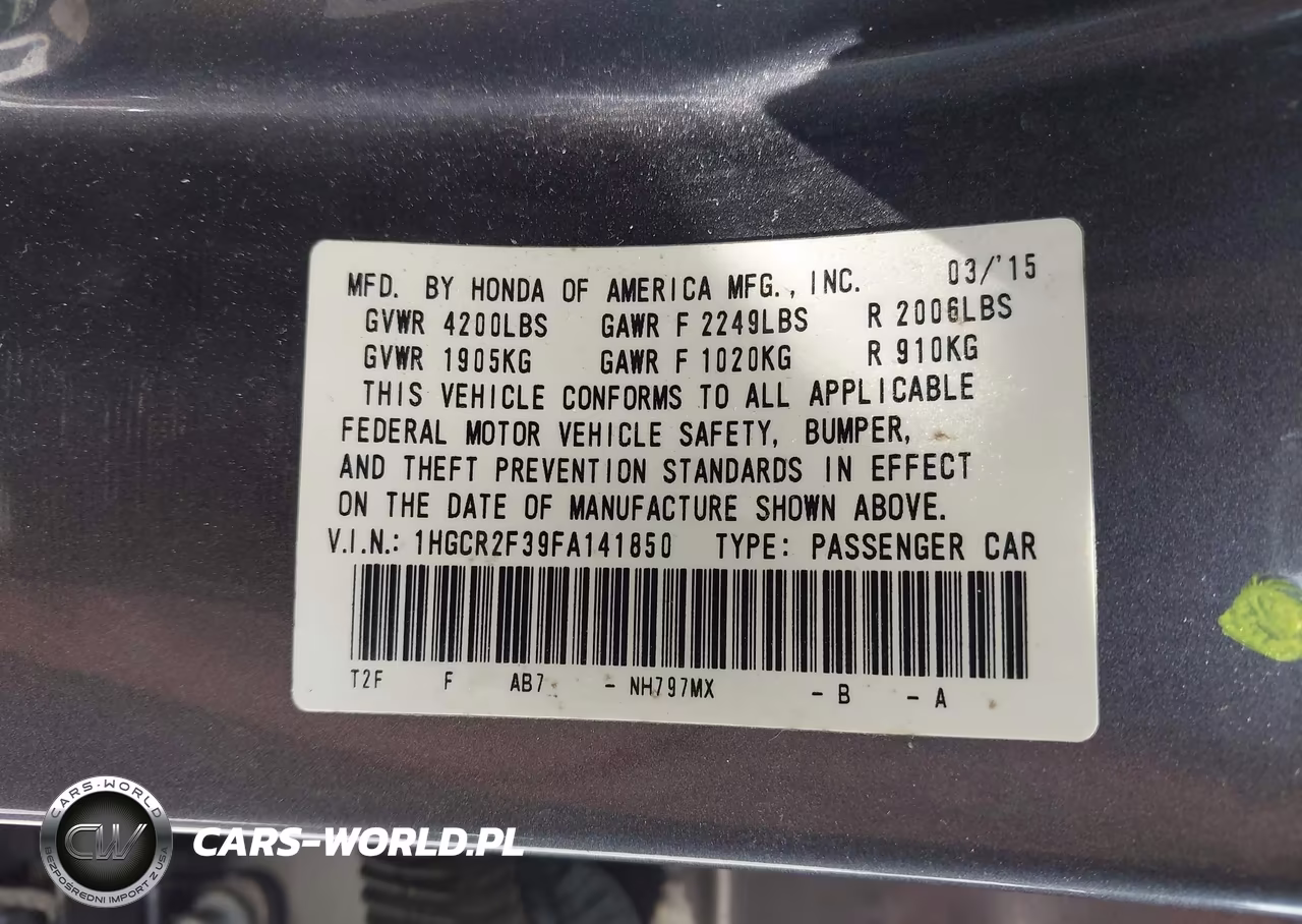 2015 Honda Accord Lx VIN:1HGCR2F39FA141850 - 9