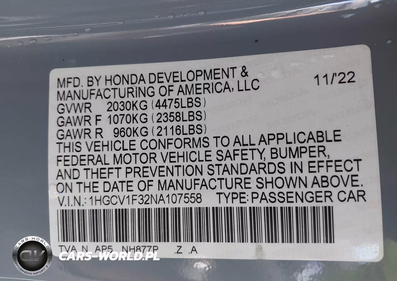 2022 Honda Accord Sport VIN:1HGCV1F32NA107558 - 9