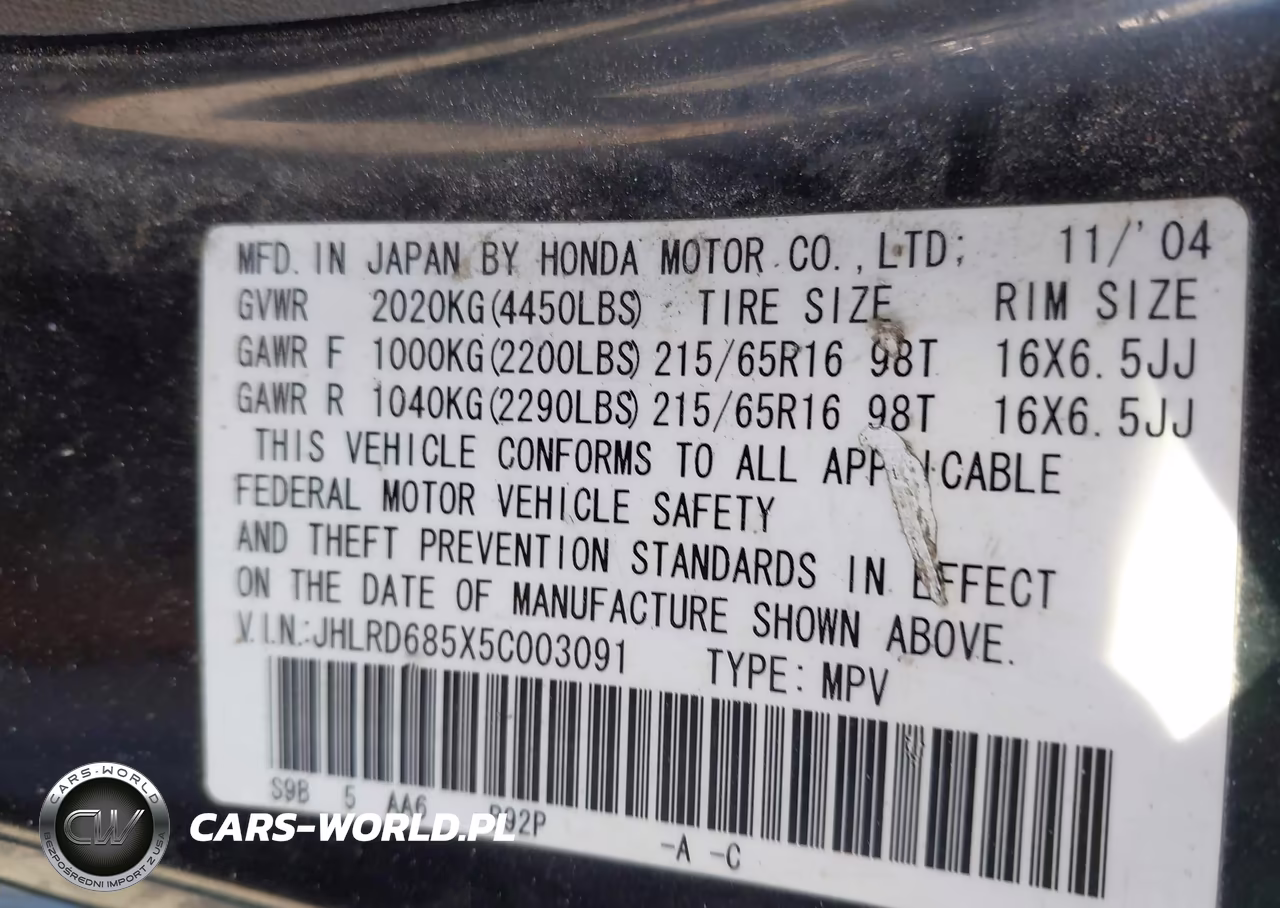 2005 Honda Cr-V Lx VIN:JHLRD685X5C003091 - 9
