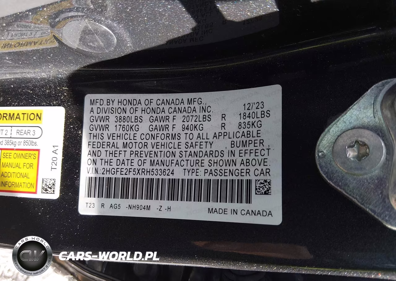 2024 Honda Civic Sport VIN:2HGFE2F5XRH533624 - 9