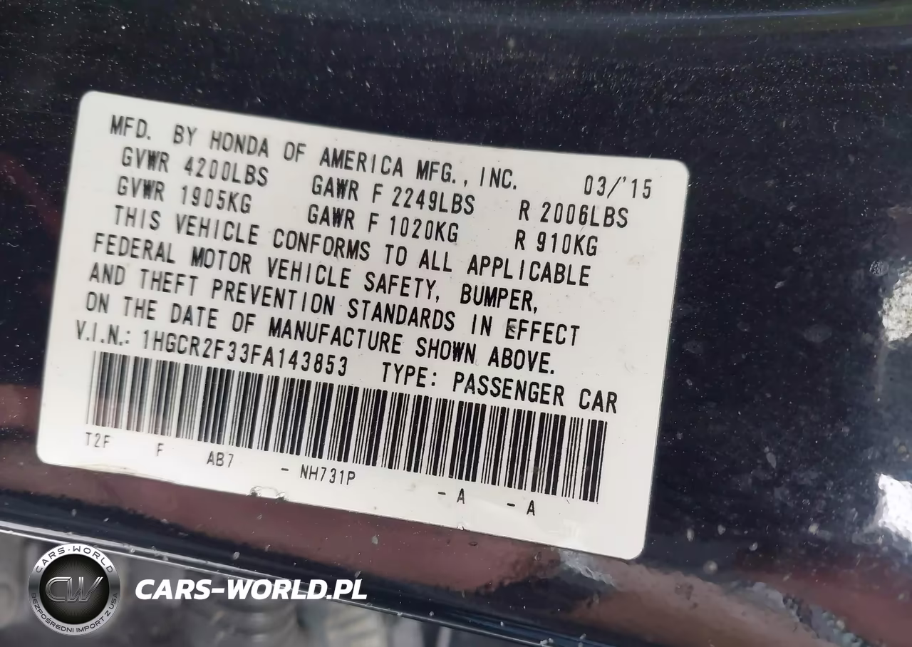 2015 Honda Accord Lx VIN:1HGCR2F33FA143853 - 9