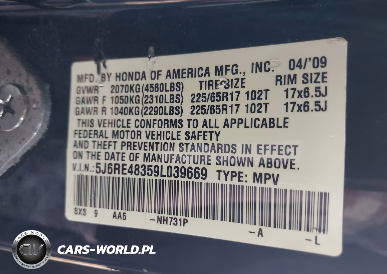 2009 Honda Cr-V Lx VIN:5J6RE48359L039669 - 9