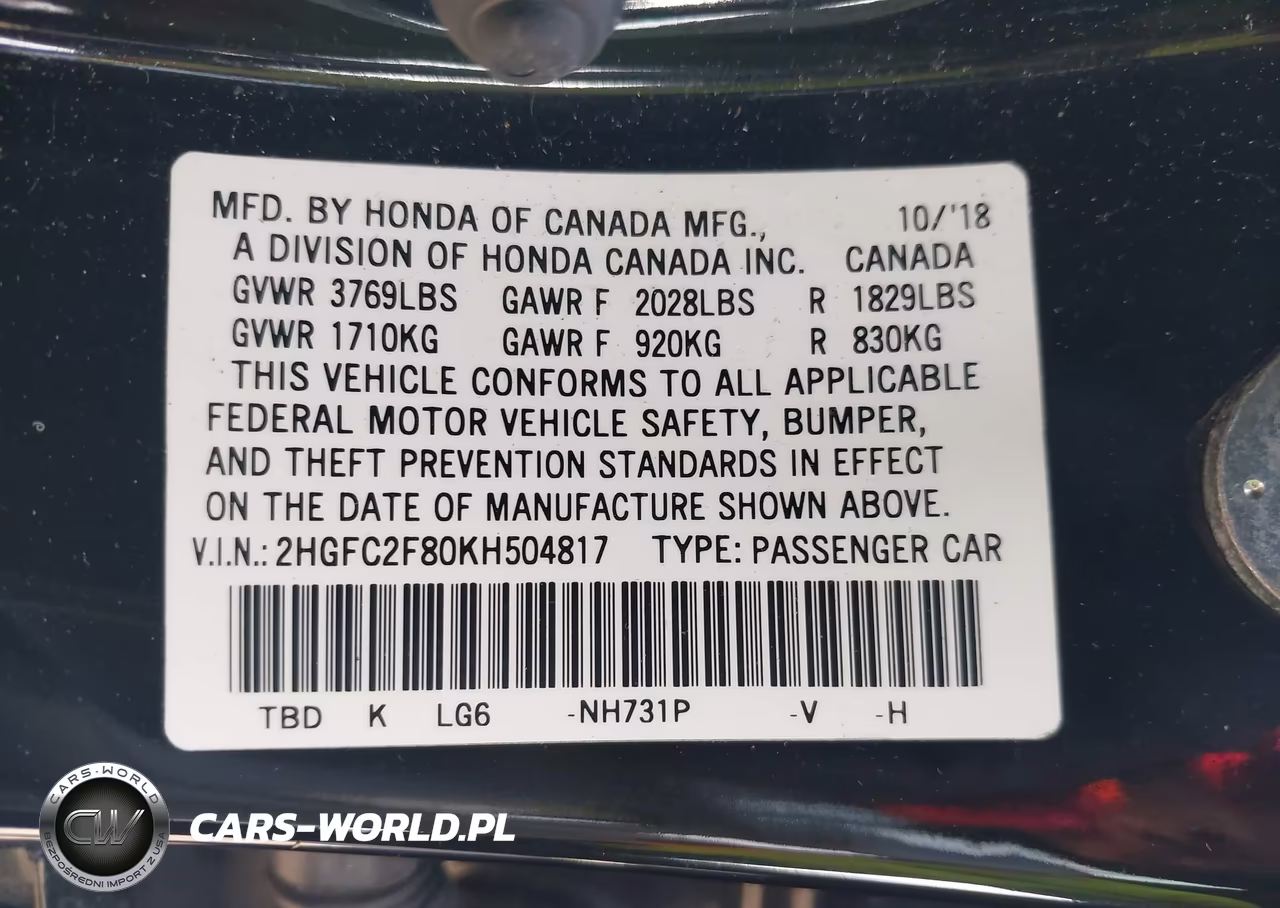 2019 Honda Civic Sport VIN:2HGFC2F80KH504817 - 9