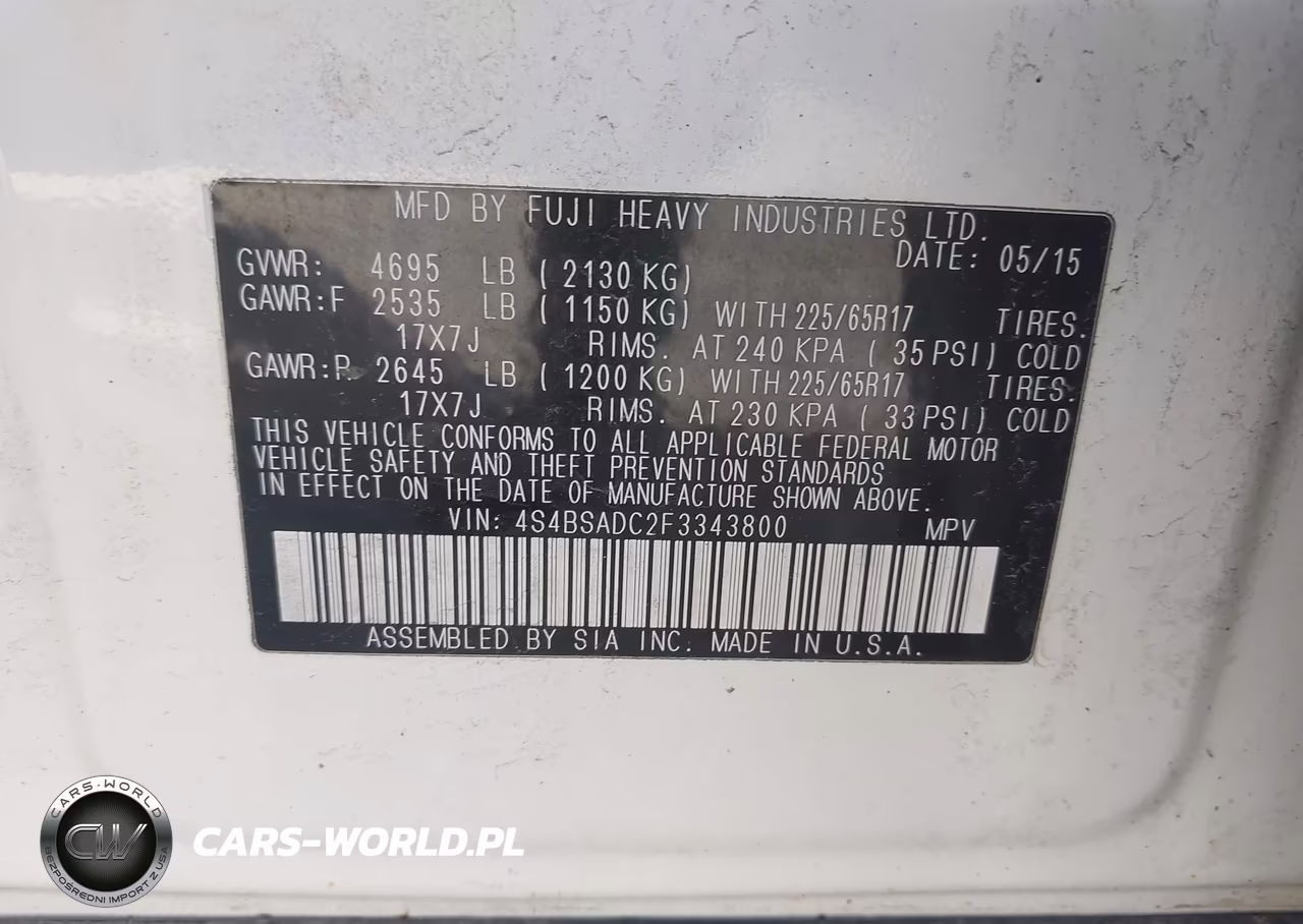 2015 Subaru Outback 2.5I Premium VIN:4S4BSADC2F3343800 - 9