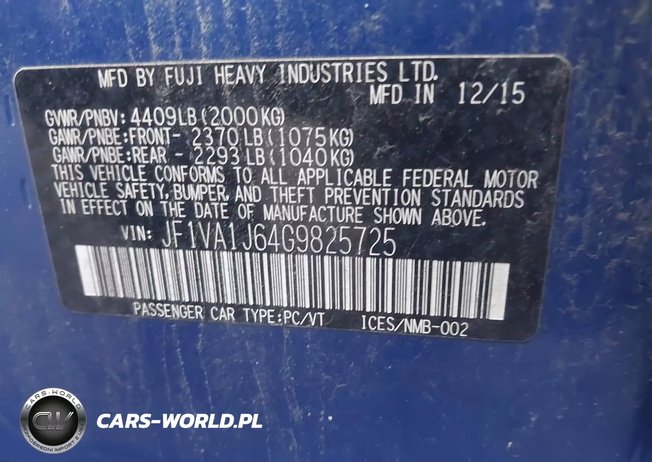 2016 Subaru Wrx Limited VIN:JF1VA1J64G9825725 - 9