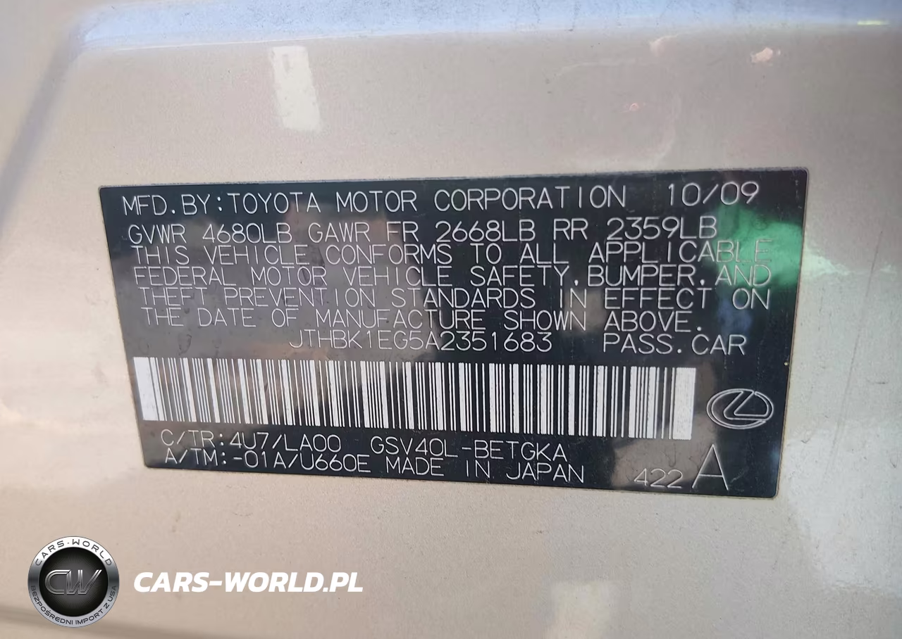 2010 Lexus Es 350 VIN:JTHBK1EG5A2351683 - 9