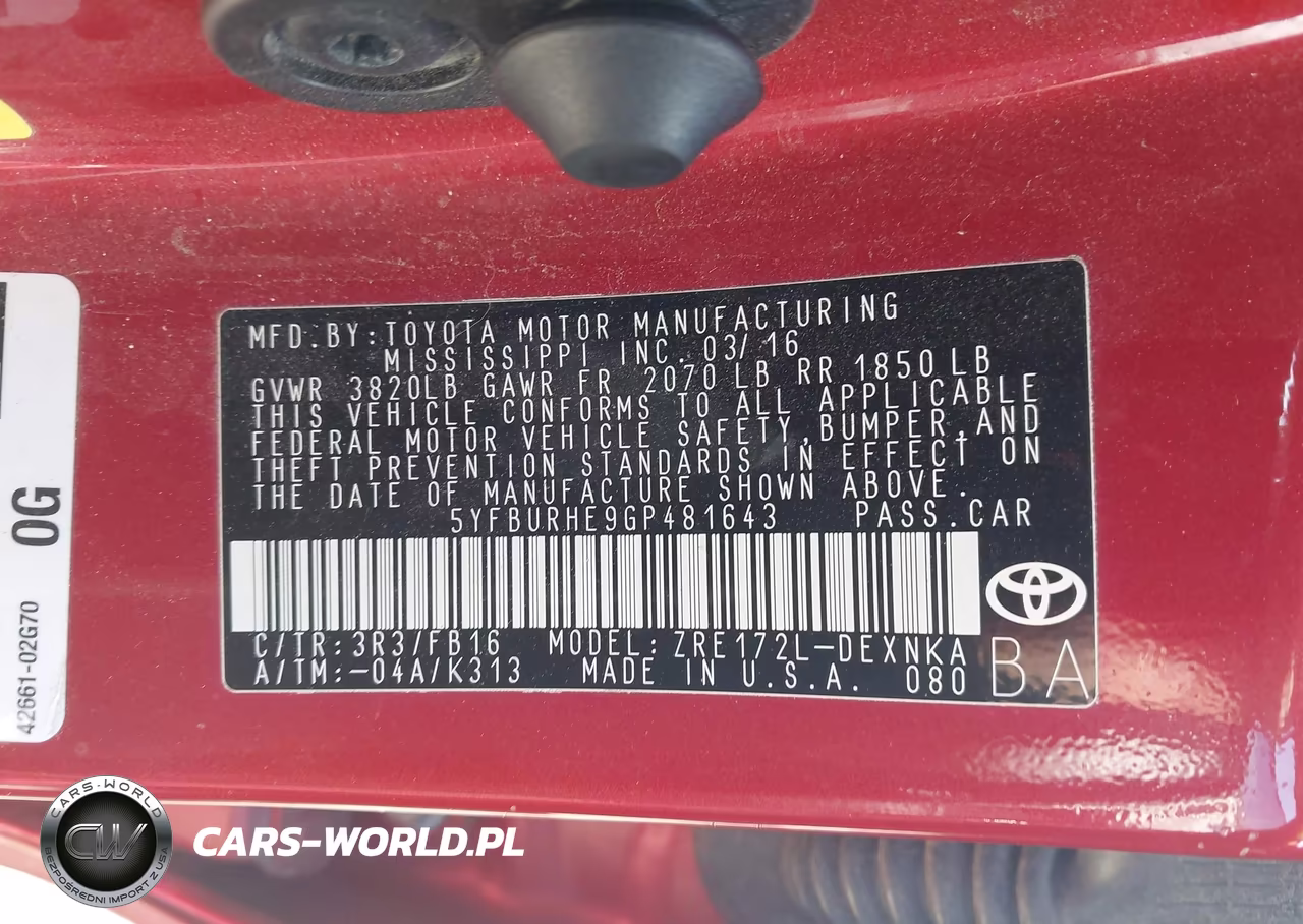 2016 Toyota Corolla Le Plus VIN:5YFBURHE9GP481643 - 9