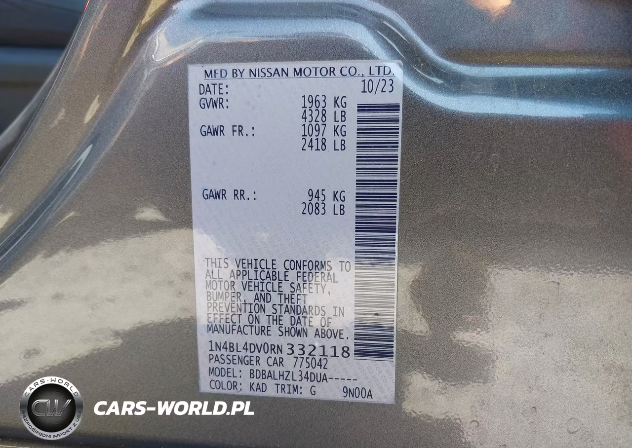 2024 Nissan Altima Sv Fwd VIN:1N4BL4DV0RN332118 - 9