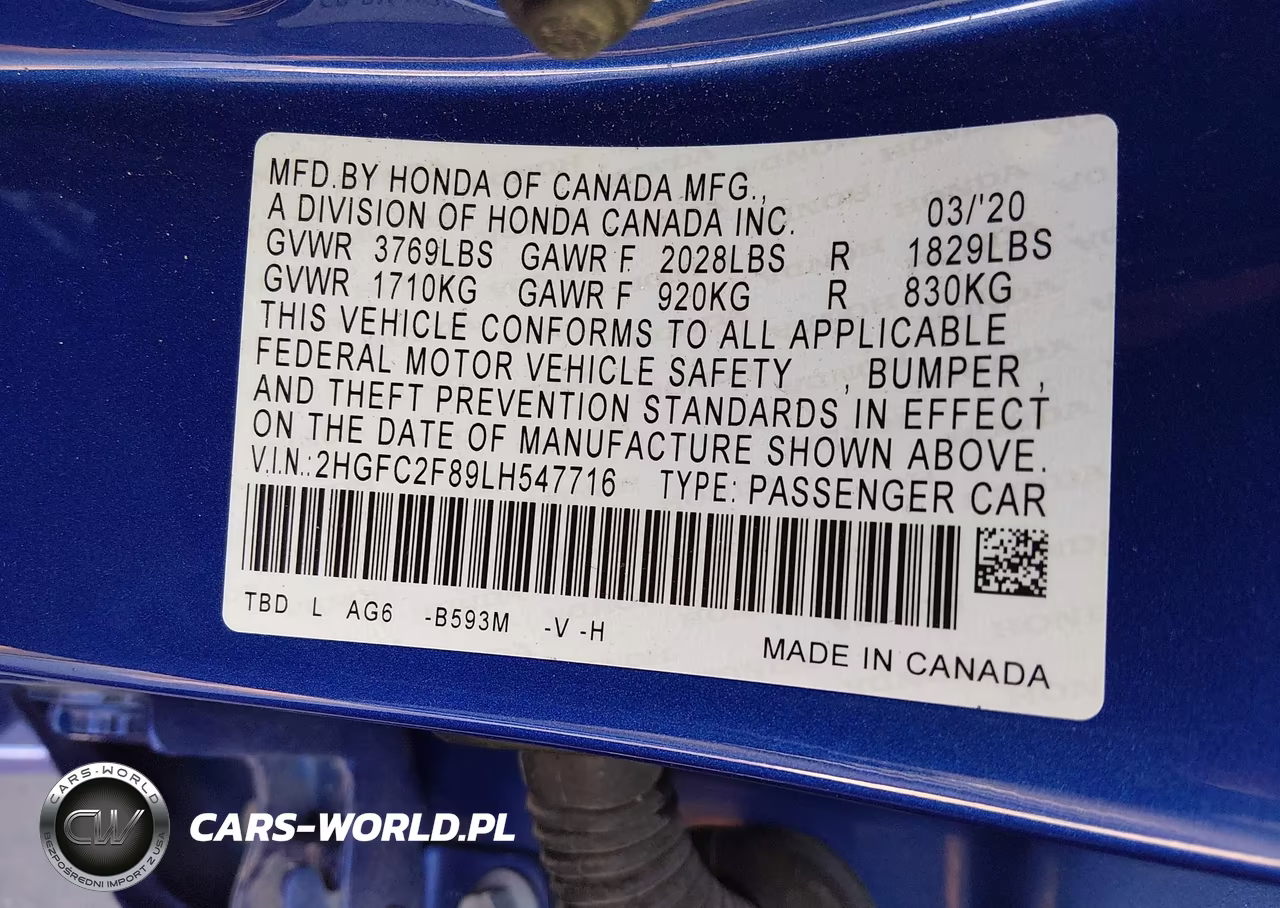 2020 Honda Civic Sport VIN:2HGFC2F89LH547716 - 9