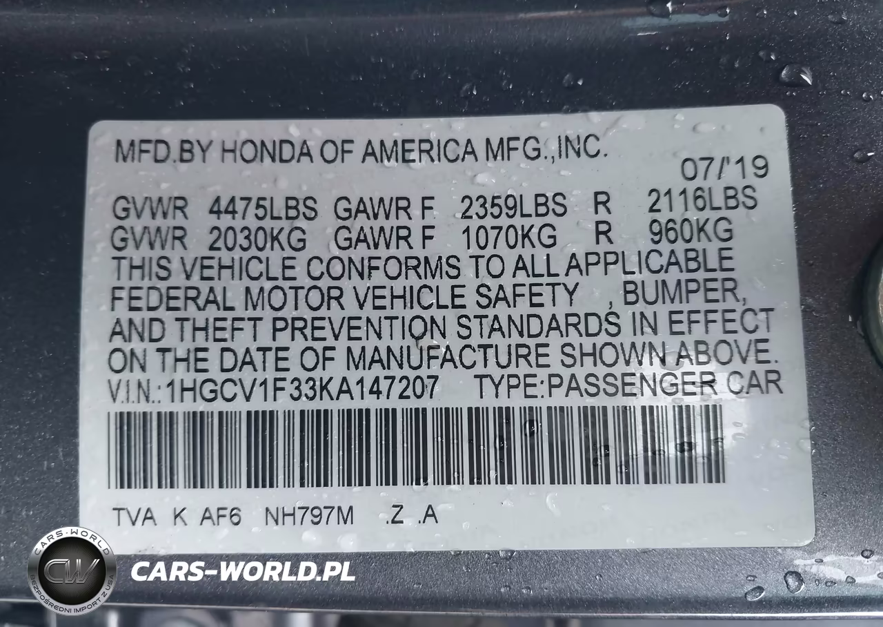 2019 Honda Accord Sport VIN:1HGCV1F33KA147207 - 9