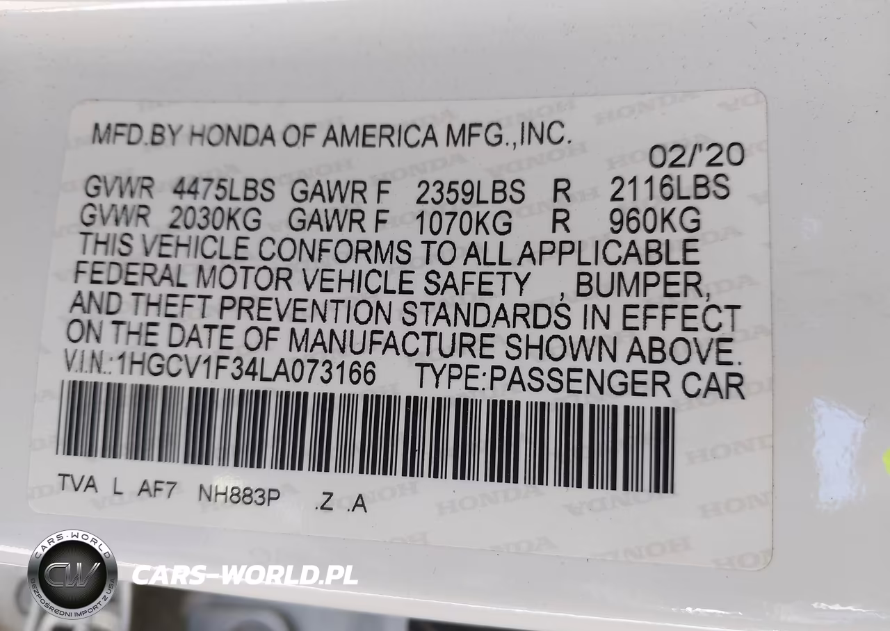 2020 Honda Accord Sport VIN:1HGCV1F34LA073166 - 9