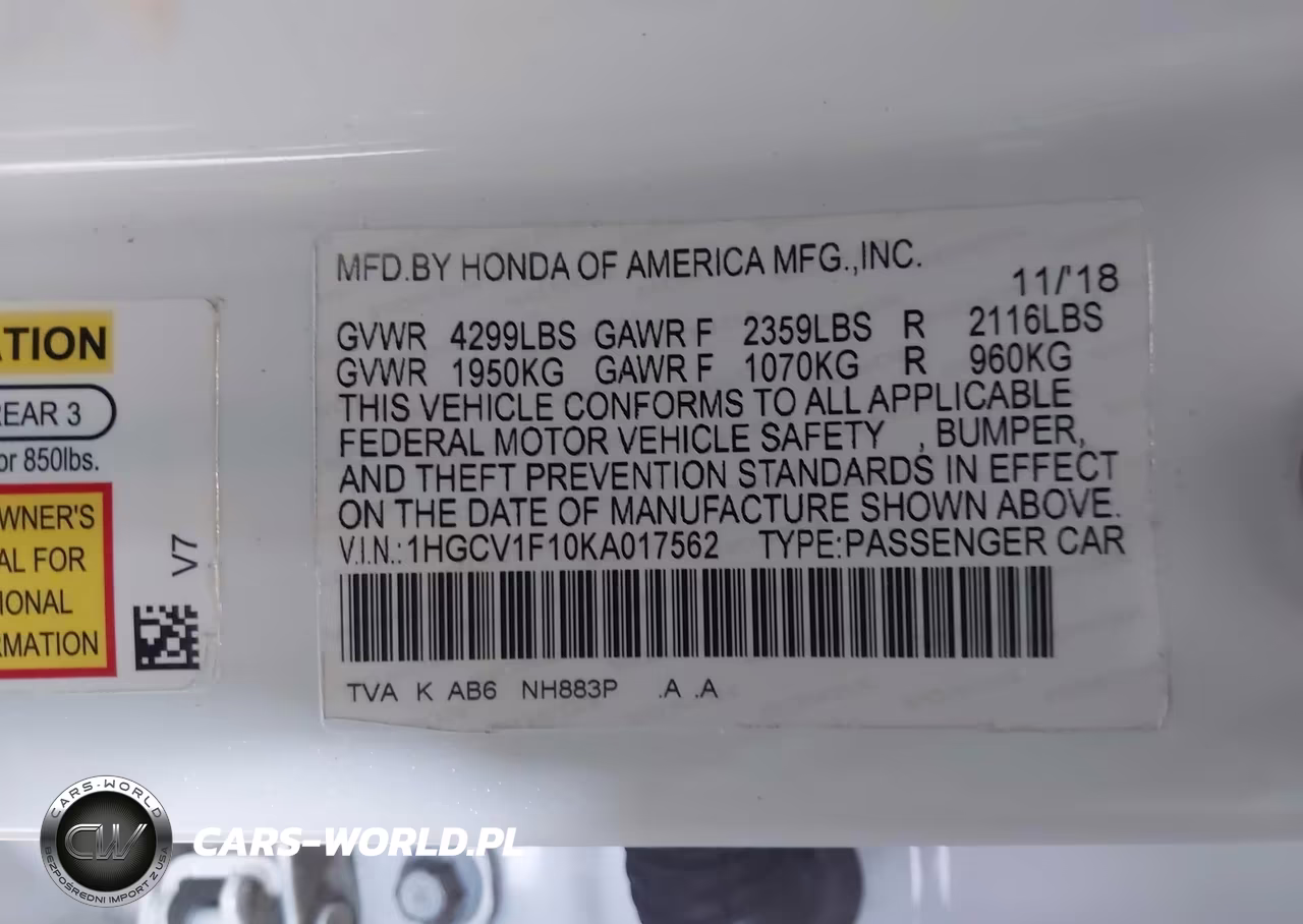 2019 Honda Accord Lx VIN:1HGCV1F10KA017562 - 9
