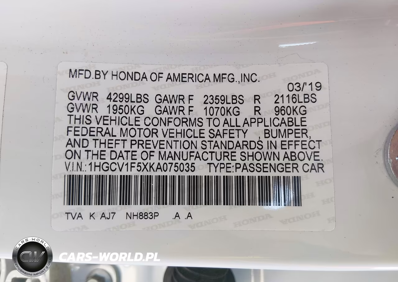 2019 Honda Accord Ex-L VIN:1HGCV1F5XKA075035 - 9