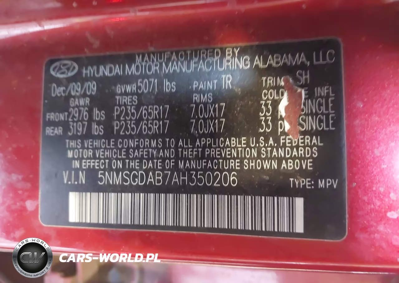 2010 Hyundai Santa Fe Gls VIN:5NMSGDAB7AH350206 - 9