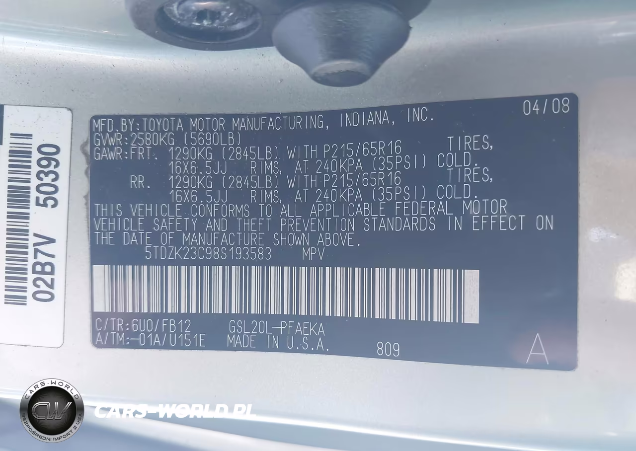 2008 Toyota Sienna Ce VIN:5TDZK23C98S193583 - 9