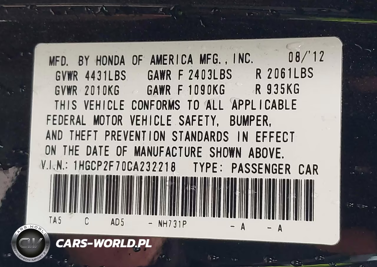 2012 Honda Accord 2.4 Ex VIN:1HGCP2F70CA232218 - 9