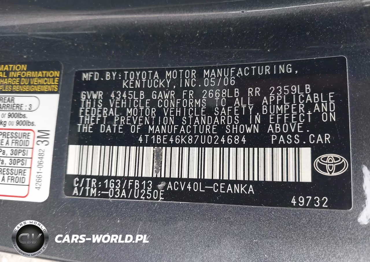 2007 Toyota Camry Le VIN:4T1BE46K87U024684 - 9