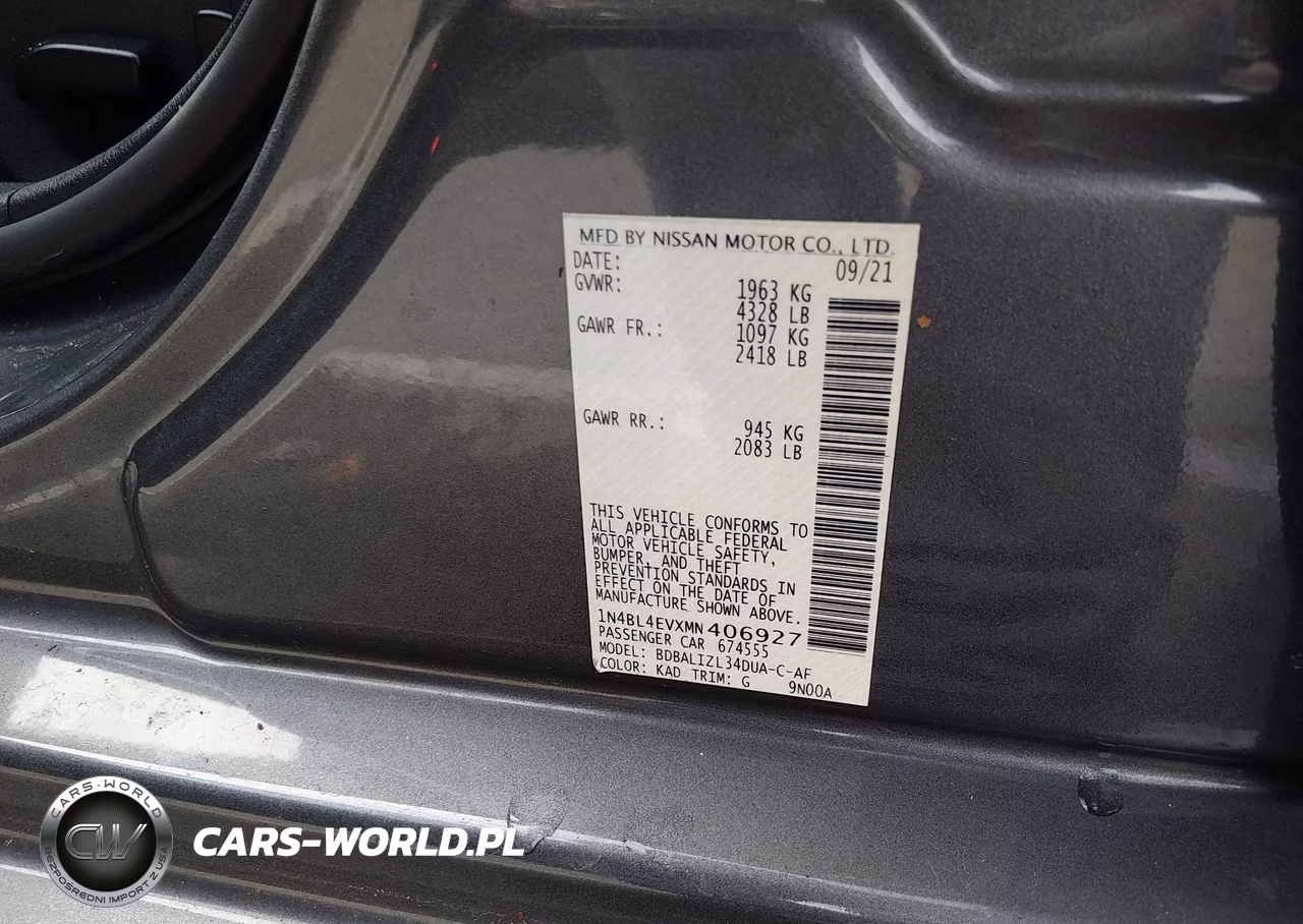 2021 Nissan Altima Sl Fwd VIN:1N4BL4EVXMN406927 - 9