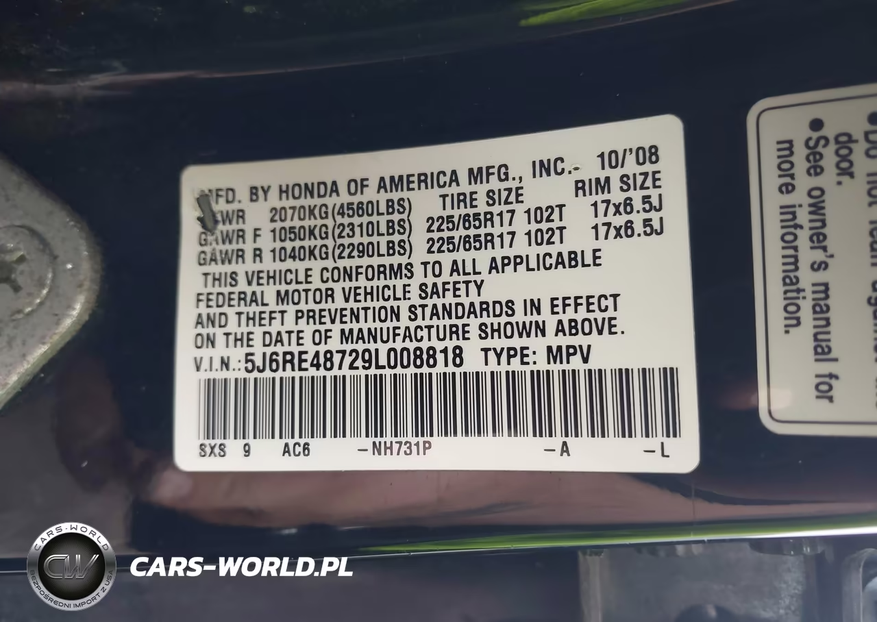 2009 Honda Cr-V Ex-L VIN:5J6RE48729L008818 - 9