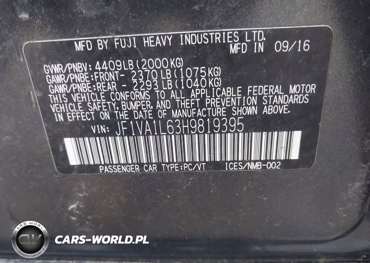 2017 Subaru Wrx Limited VIN:JF1VA1L63H9819395 - 9