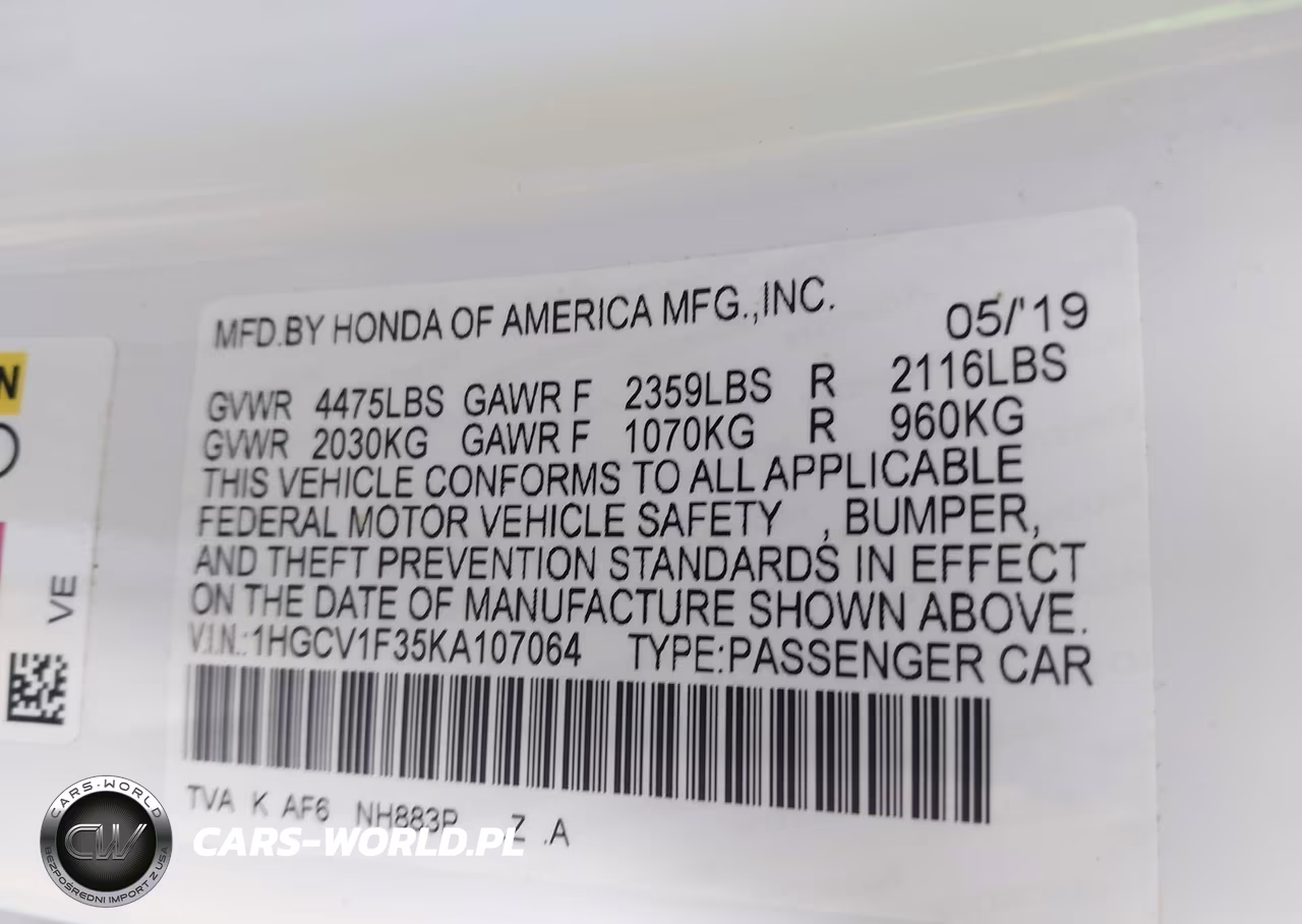 2019 Honda Accord Sport VIN:1HGCV1F35KA107064 - 9