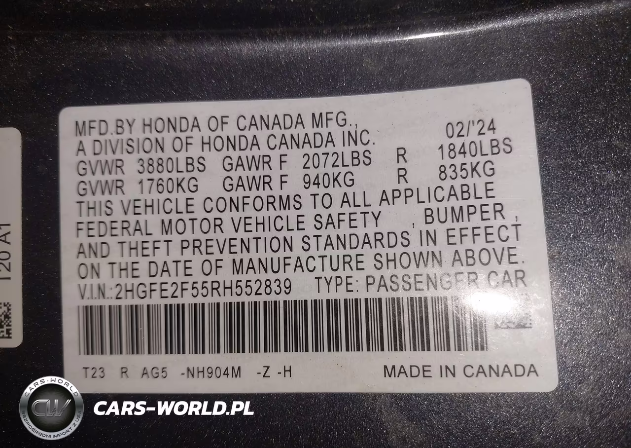 2024 Honda Civic Sport VIN:2HGFE2F55RH552839 - 9