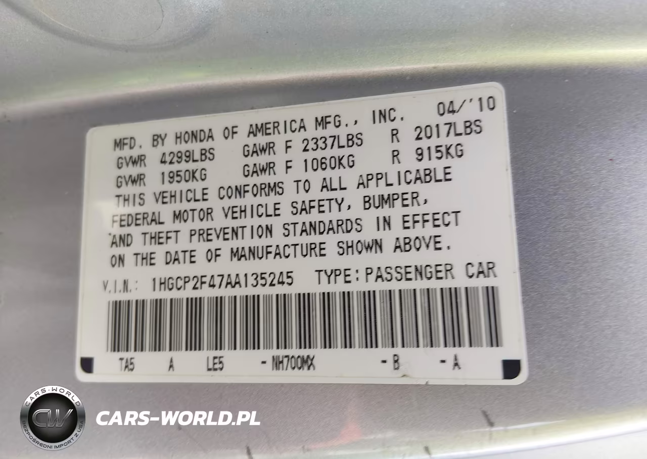 2010 Honda Accord 2.4 Lx-P VIN:1HGCP2F47AA135245 - 9