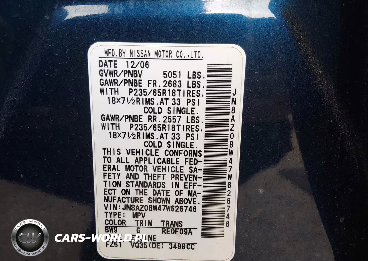 2007 Nissan Murano Sl VIN:JN8AZ08W47W626746 - 9