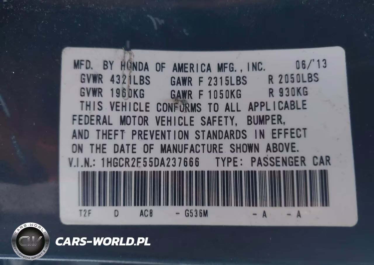 2013 Honda Accord Sport VIN:1HGCR2F55DA237666 - 9