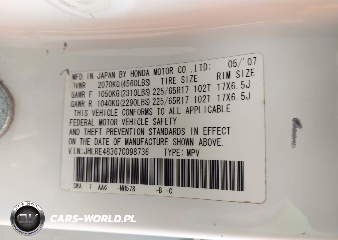 2007 Honda Cr-V Lx VIN:JHLRE48367C098736 - 9