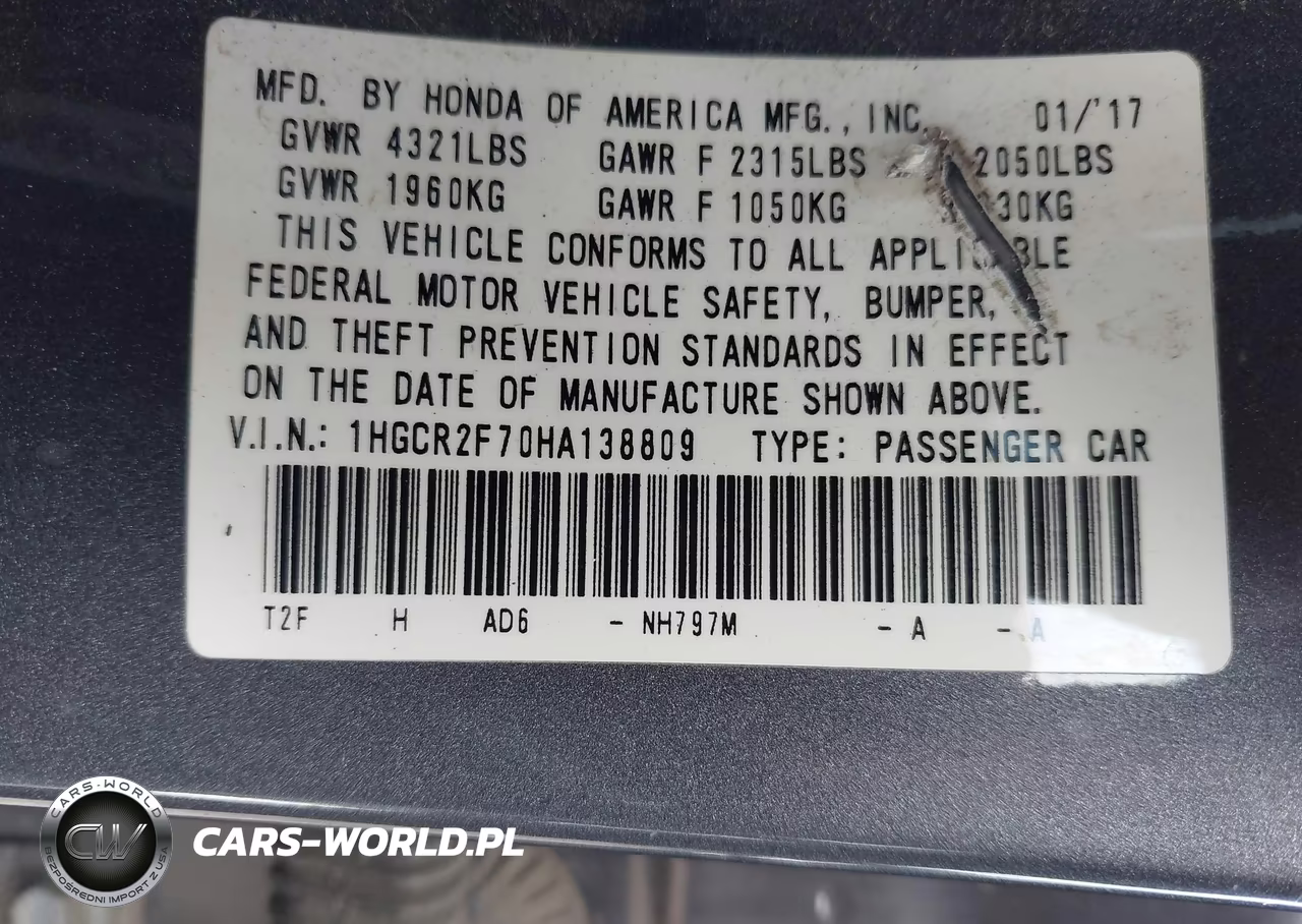 2017 Honda Accord Ex VIN:1HGCR2F70HA138809 - 9