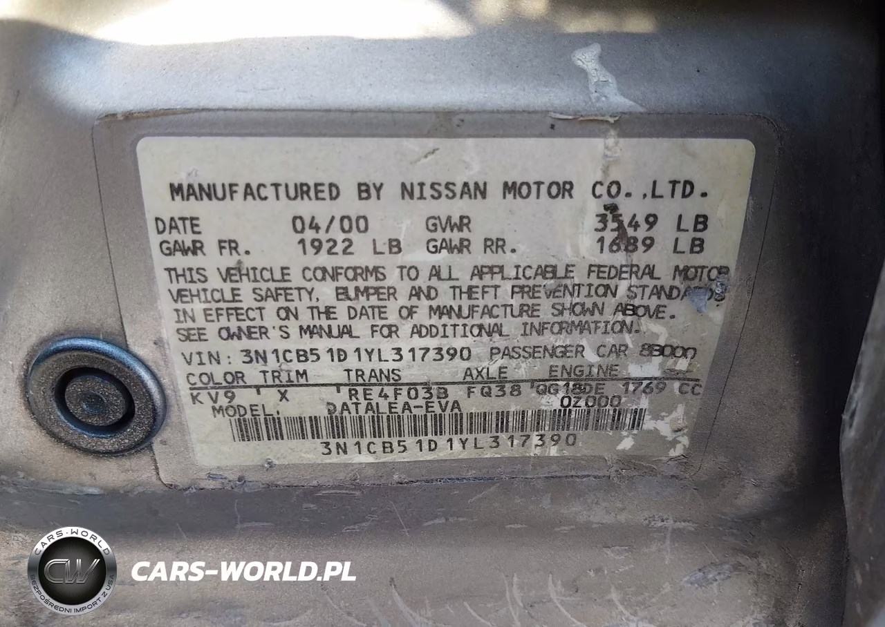 2000 Nissan Sentra Gxe-Xe VIN:3N1CB51D1YL317390 - 9