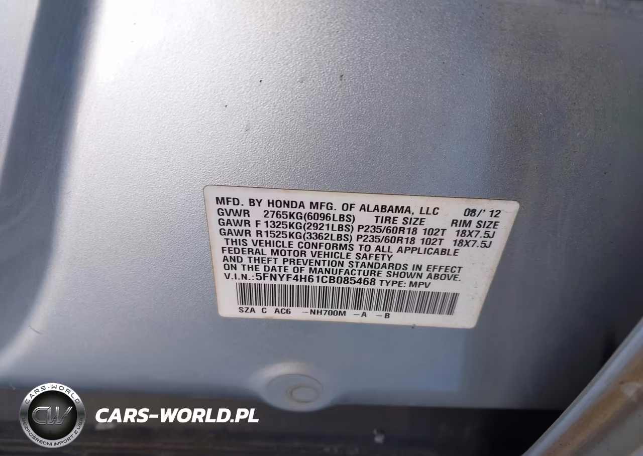 2012 Honda Pilot Ex-L VIN:5FNYF4H61CB085468 - 8