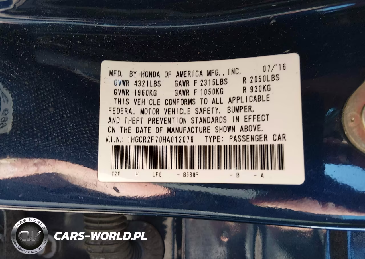 2017 Honda Accord Ex VIN:1HGCR2F70HA012076 - 9