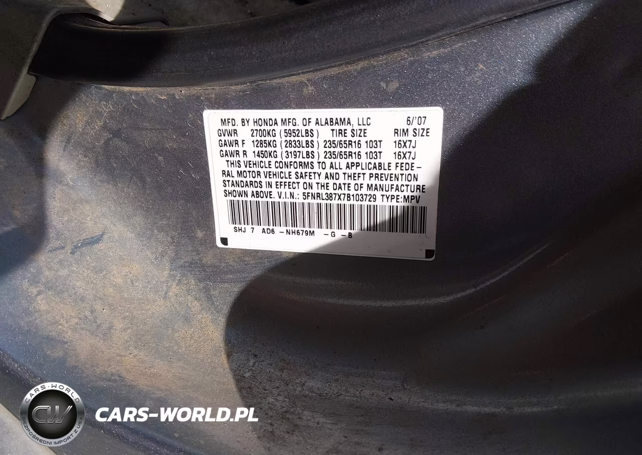 2007 Honda Odyssey Ex-L VIN:5FNRL387X7B103729 - 9