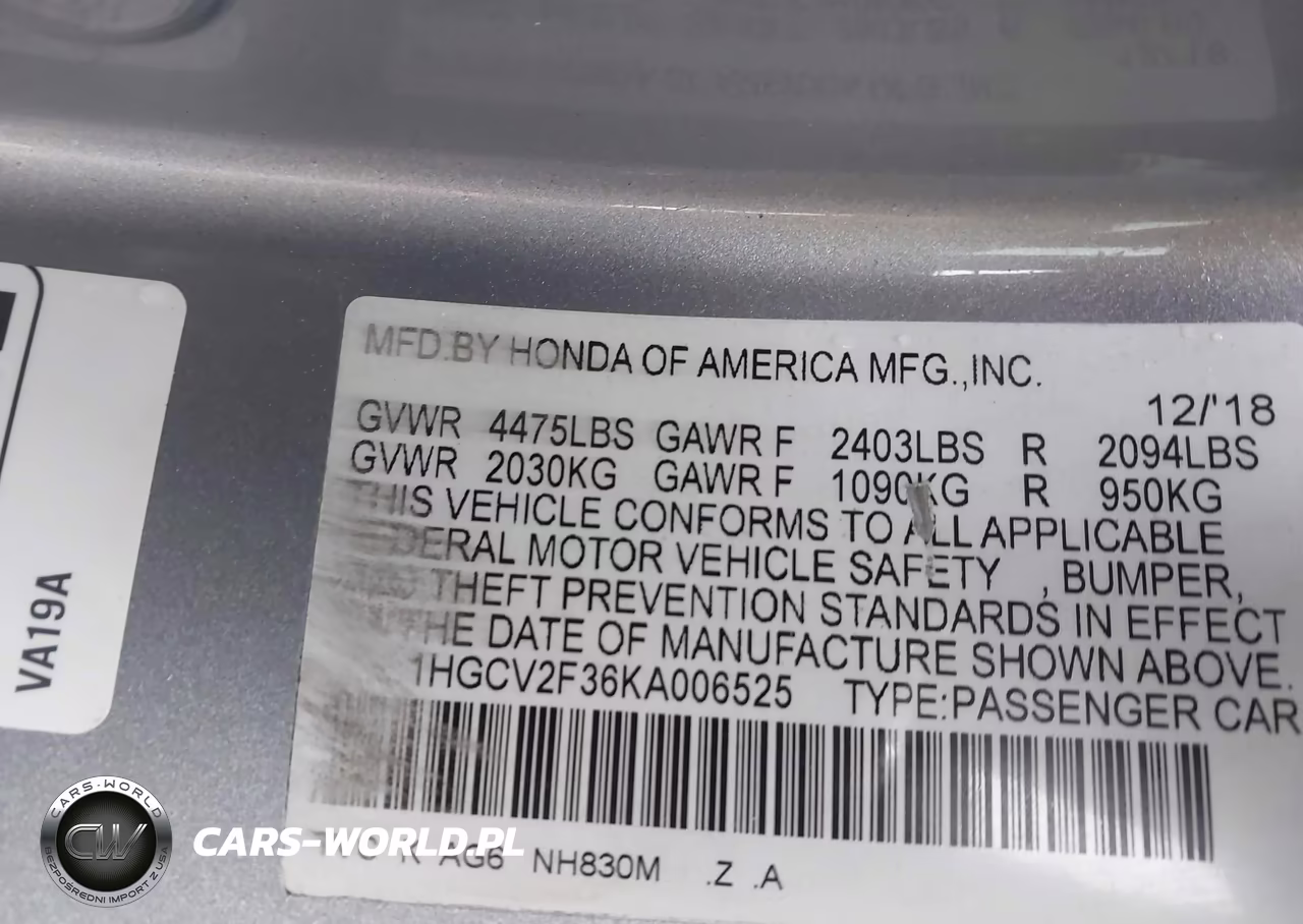 2019 Honda Accord Sport 2.0T VIN:1HGCV2F36KA006525 - 9