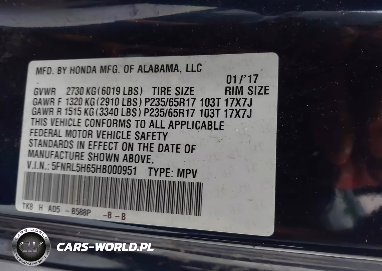 2017 Honda Odyssey Ex-L VIN:5FNRL5H65HB000951 - 9