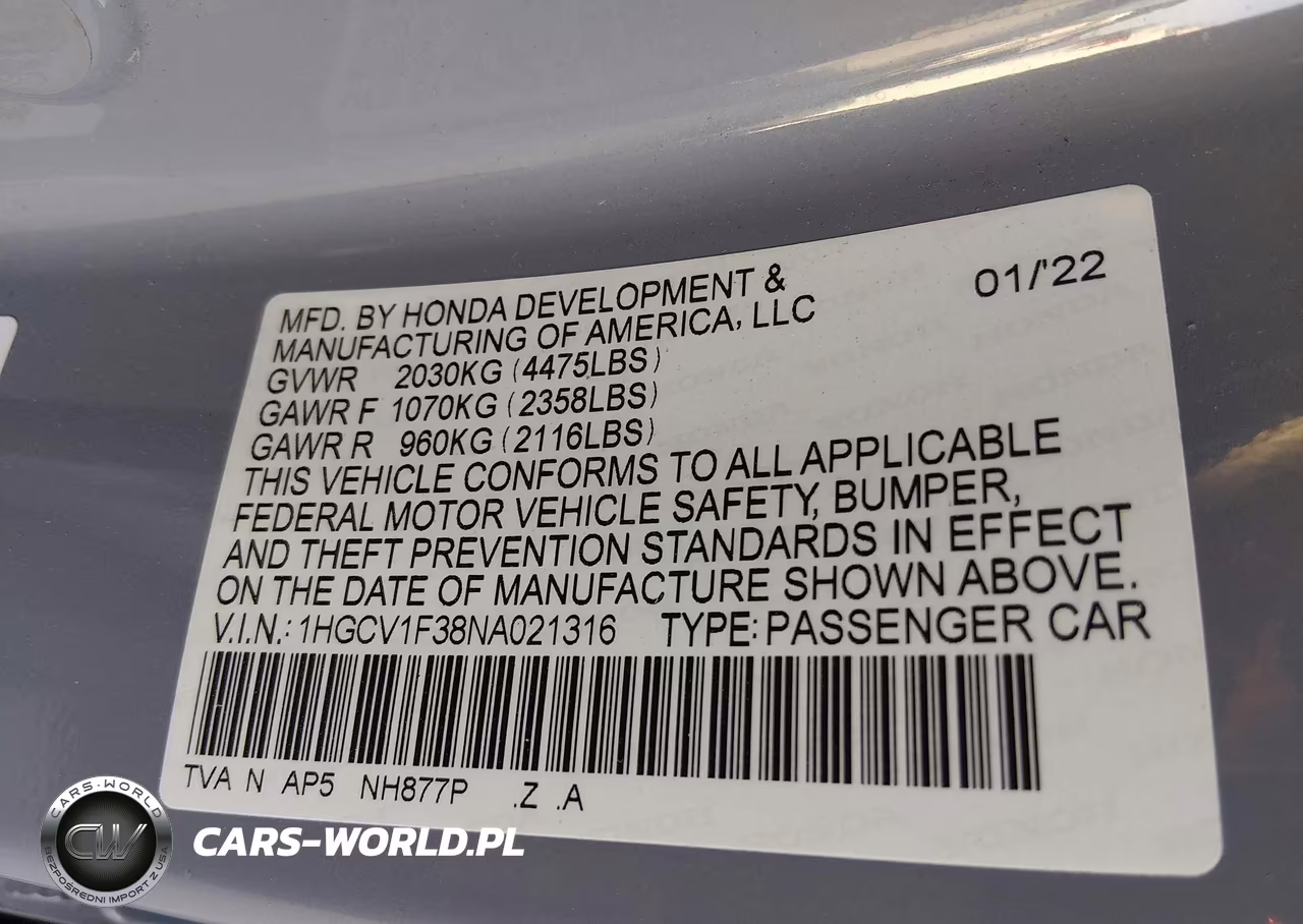2022 Honda Accord Sport VIN:1HGCV1F38NA021316 - 9