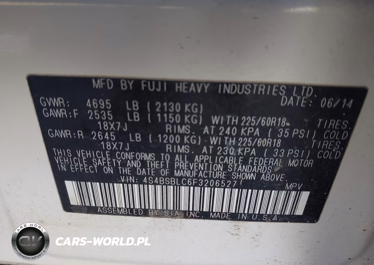 2015 Subaru Outback 2.5I Limited VIN:4S4BSBLC6F3206527 - 9
