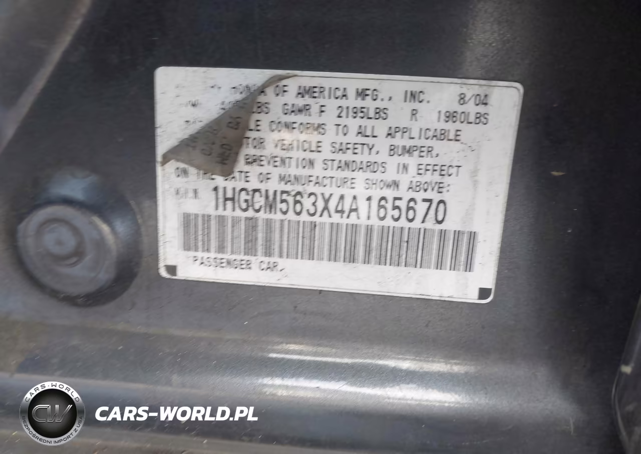 2004 Honda Accord 2.4 Lx VIN:1HGCM563X4A165670 - 9