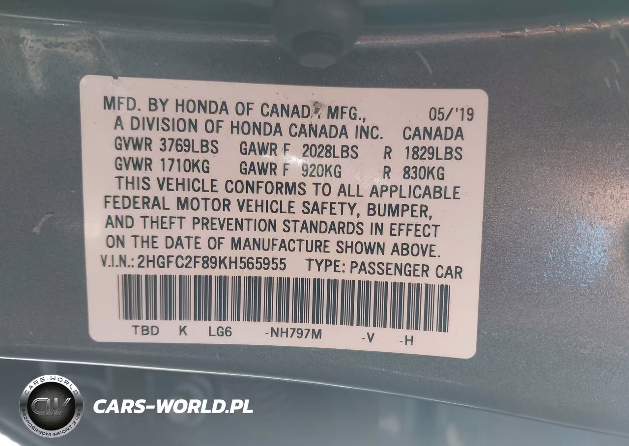 2019 Honda Civic Sport VIN:2HGFC2F89KH565955 - 9