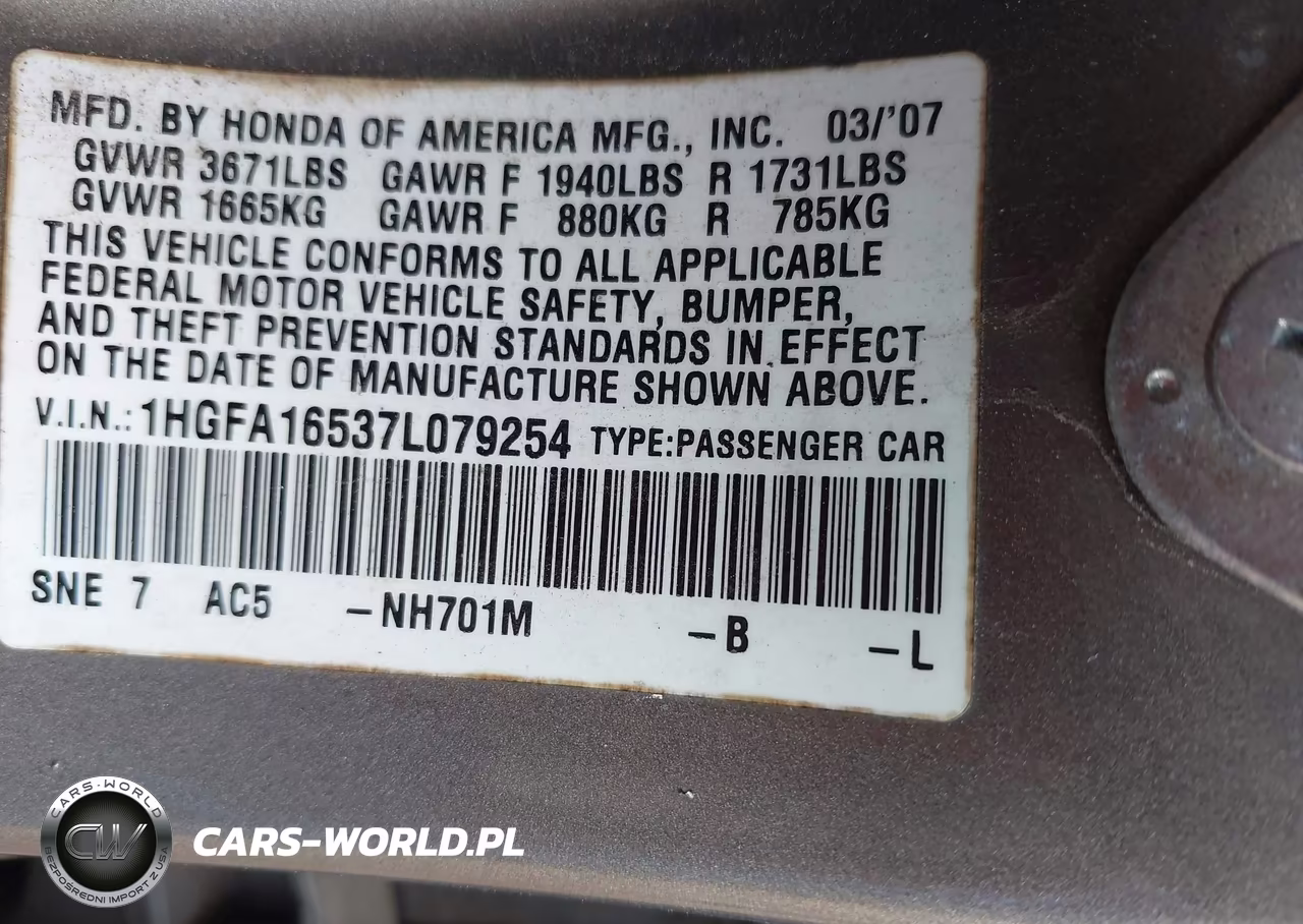 2007 Honda Civic Lx VIN:1HGFA16537L079254 - 9