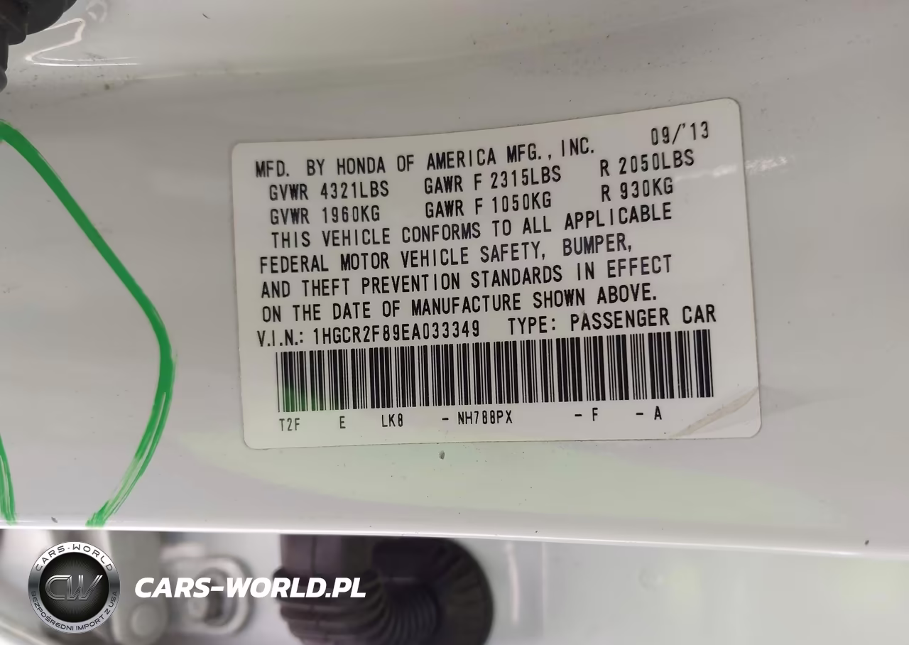 2014 Honda Accord Ex-L VIN:1HGCR2F89EA033349 - 9