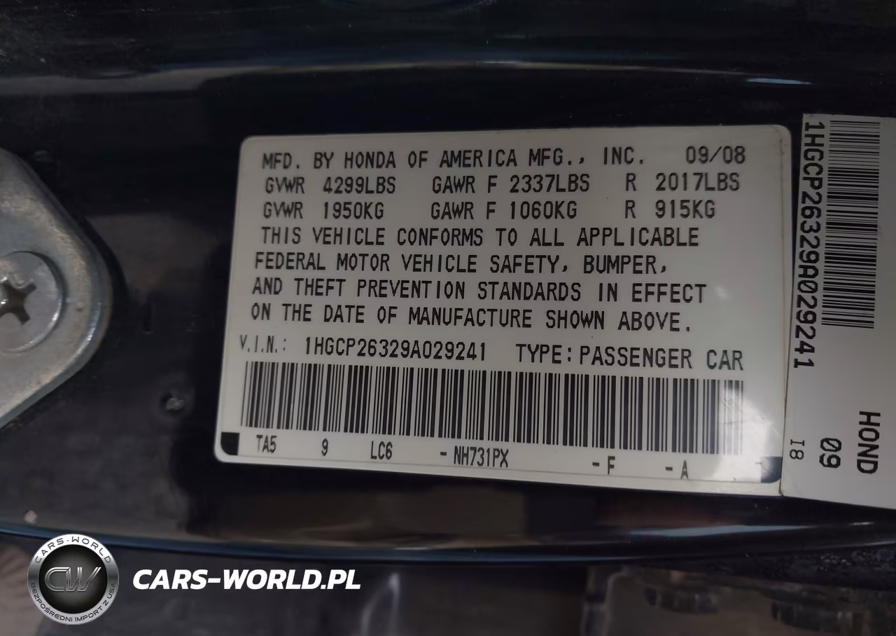 2009 Honda Accord 2.4 Lx VIN:1HGCP26329A029241 - 9