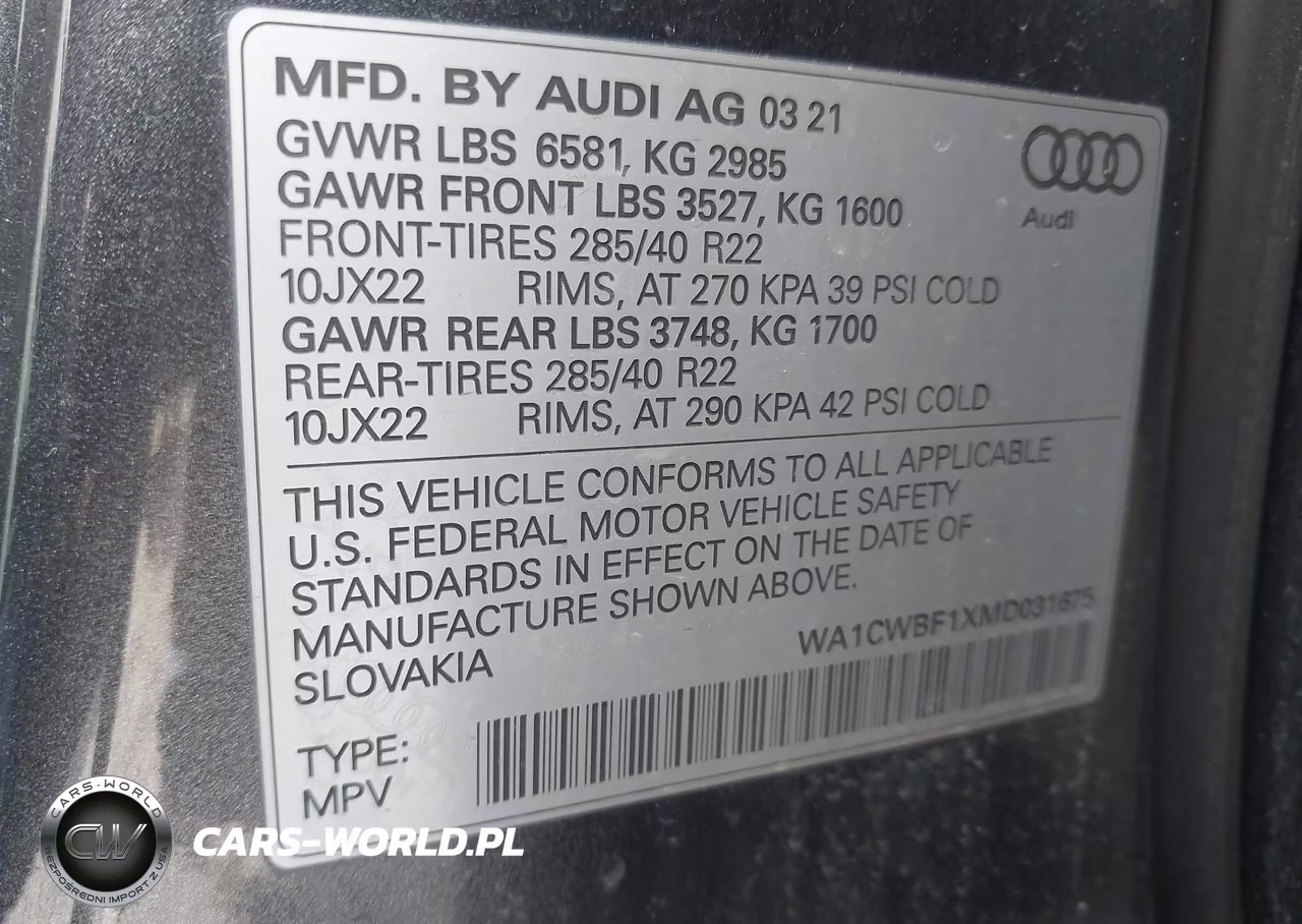 2021 Audi Sq8 Prestige Tfsi Quattro Tiptronic VIN:WA1CWBF1XMD031675 - 9