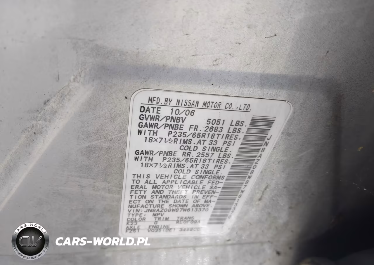 2007 Nissan Murano S VIN:JN8AZ08W87W613370 - 9