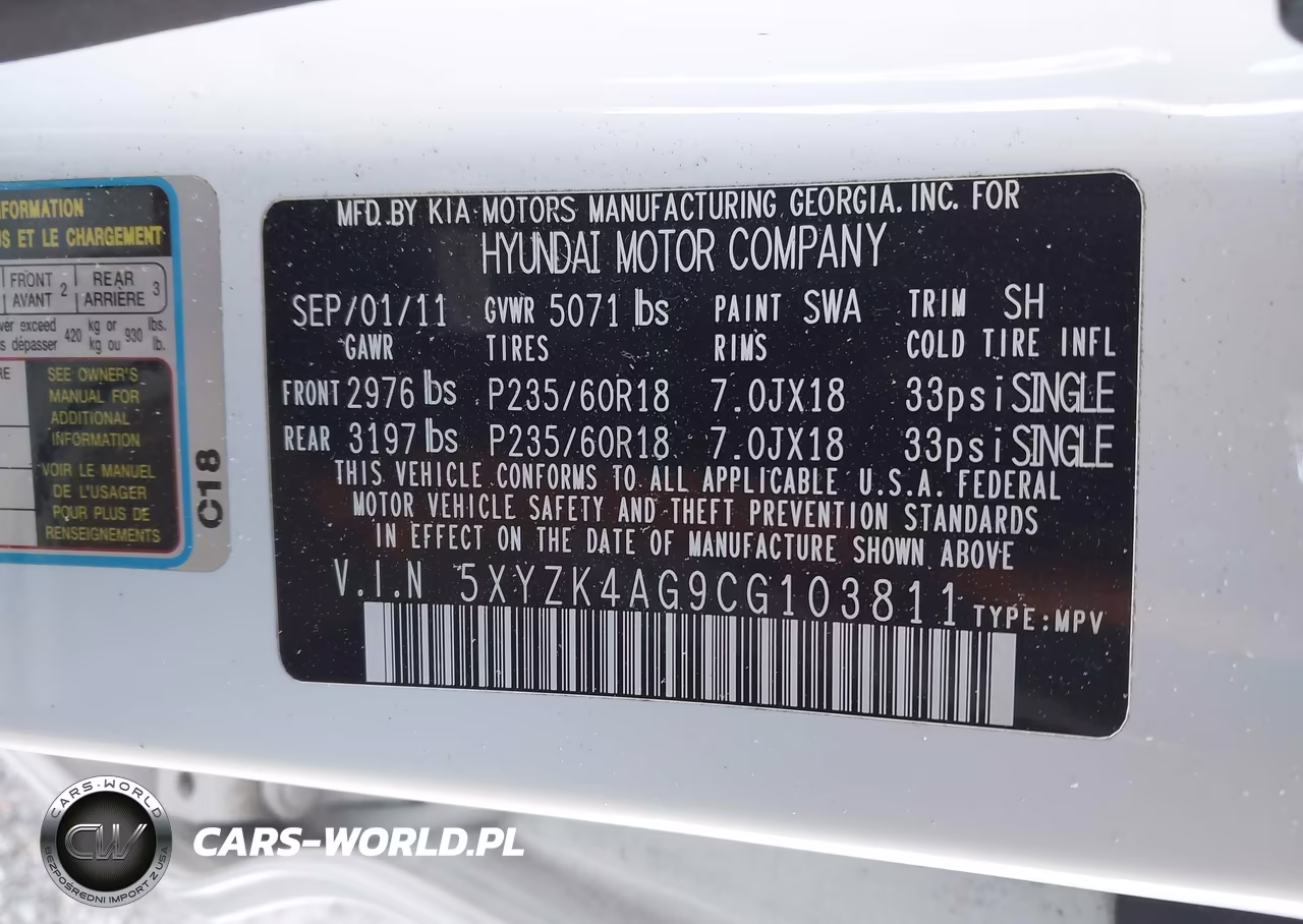2012 Hyundai Santa Fe Limited V6 VIN:5XYZK4AG9CG103811 - 9
